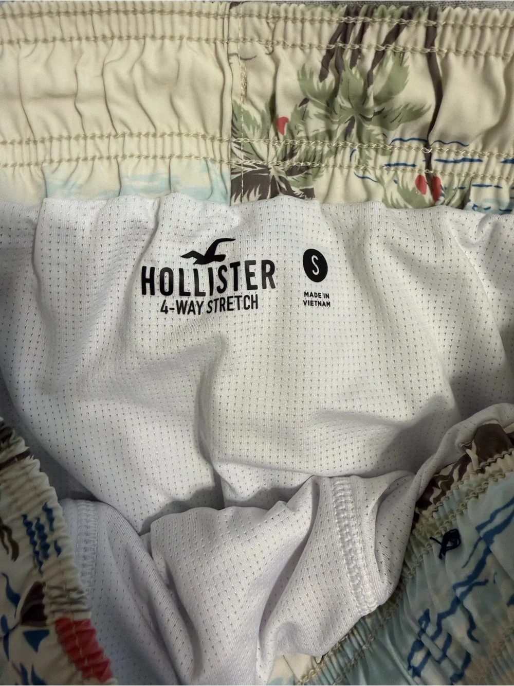 Hollister Cream Tropical Print Swim Trunks with Blue and Red Accents